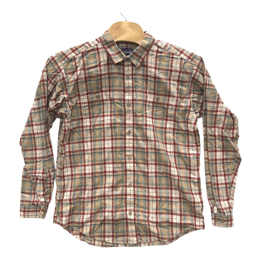 Patagonia Men's XL Organic Cotton Plaid Long Sleeve Button Shirt Hiking Tan Red
